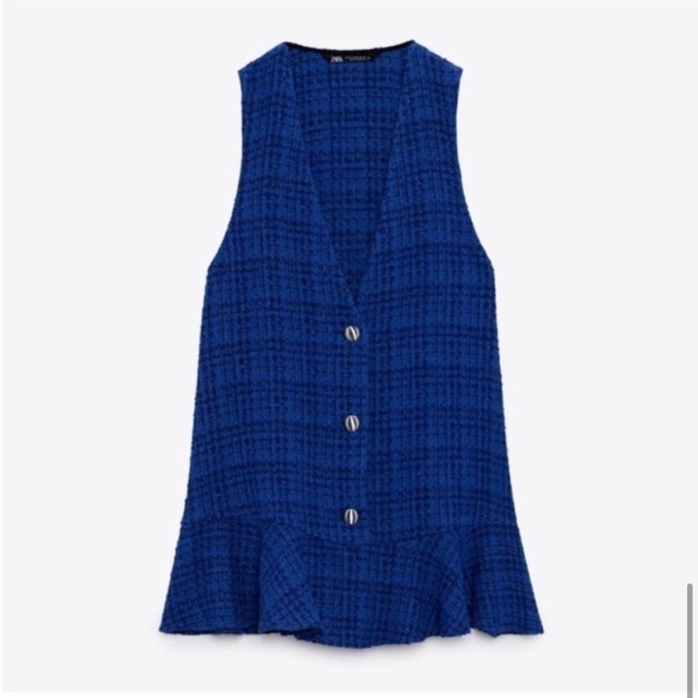 NWOT! Zara Blue Tweed Pinafore Ruffle Sleeveless Dress - Size Small